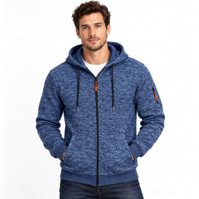 Men's fleece sweater pullover in Sapphire Blue shown on a model with full zip hood, sleeve pocket and orange zipper details..