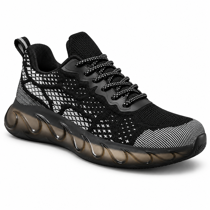 Black woven mesh sneaker in front three-quarter product view