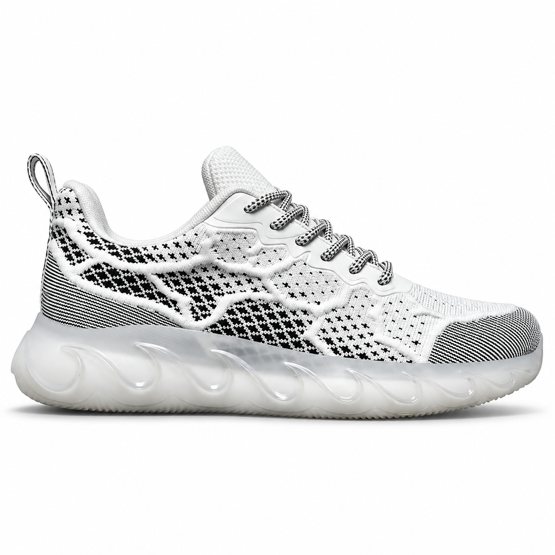 White fly woven mesh shoe in side profile with patterned upper