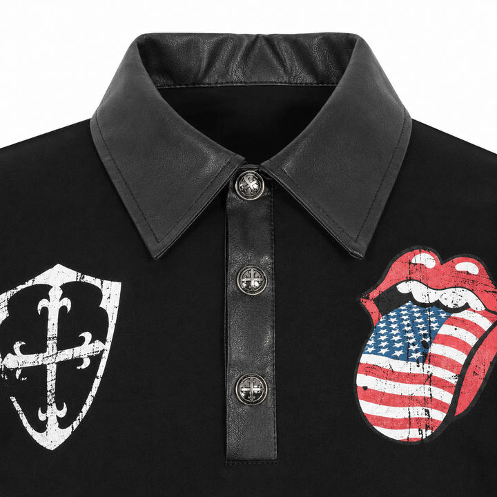 Close view of the black polo collar, three-button placket, shield graphic and American flag tongue graphic on the men&