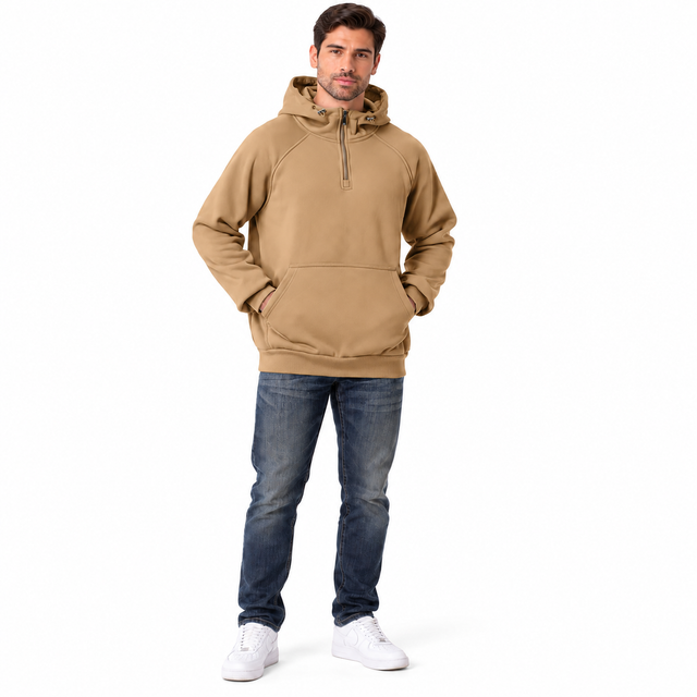 Men's half zip hoodie in army green, full-body back view on white background