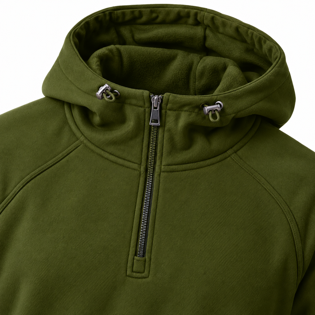 Army green half zip hoodie close-up showing hood, zipper and seam details