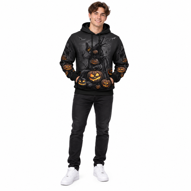 Men's Halloween Hoodie - Skull Pumpkin Graphic Pullover