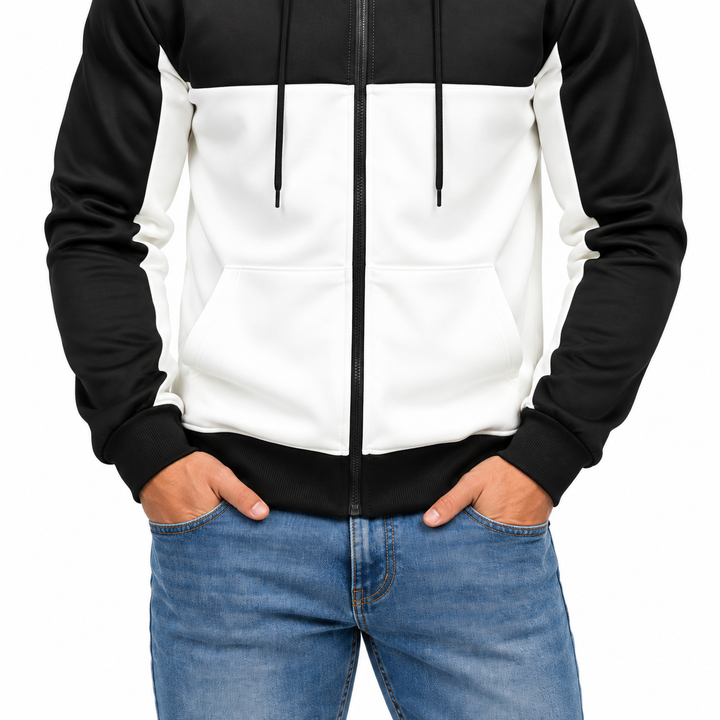 Close-up of front pockets, zipper and black hem on colorblock hoodie