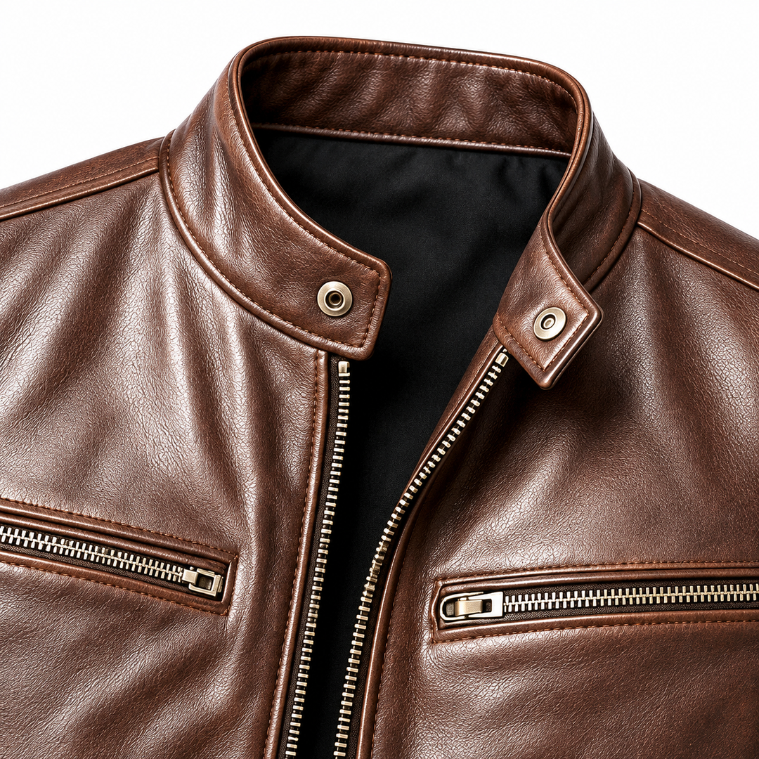 Brown jacket collar snap, front zipper and chest pocket hardware shown in close-up.