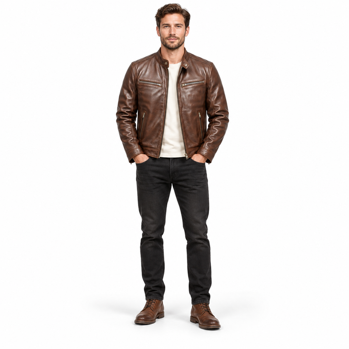 Brown PU leather motorcycle jacket with a cream T-shirt and black jeans, full-body front view.