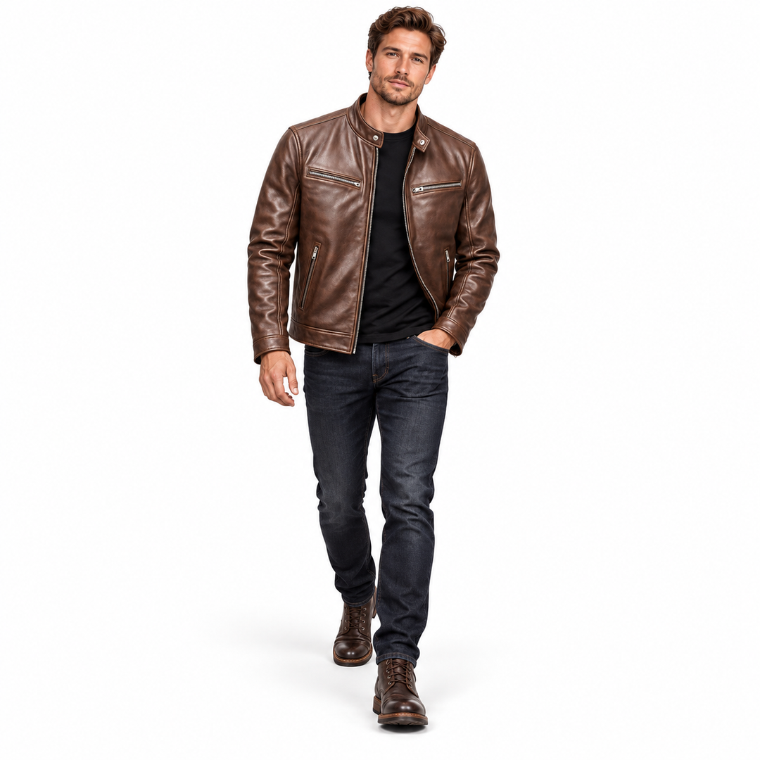 Brown jacket worn open over a black top with dark jeans, full-body walking pose on white.