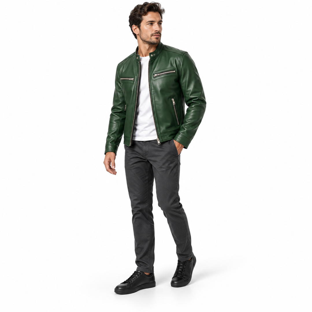 Dark green jacket in three-quarter view with a white T-shirt and charcoal trousers on a full-body model.