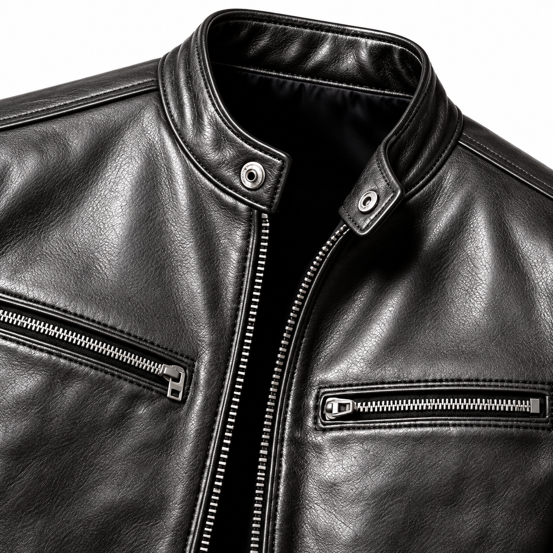 Close-up of the black jacket surface, stitching, chest zippers and stand collar.