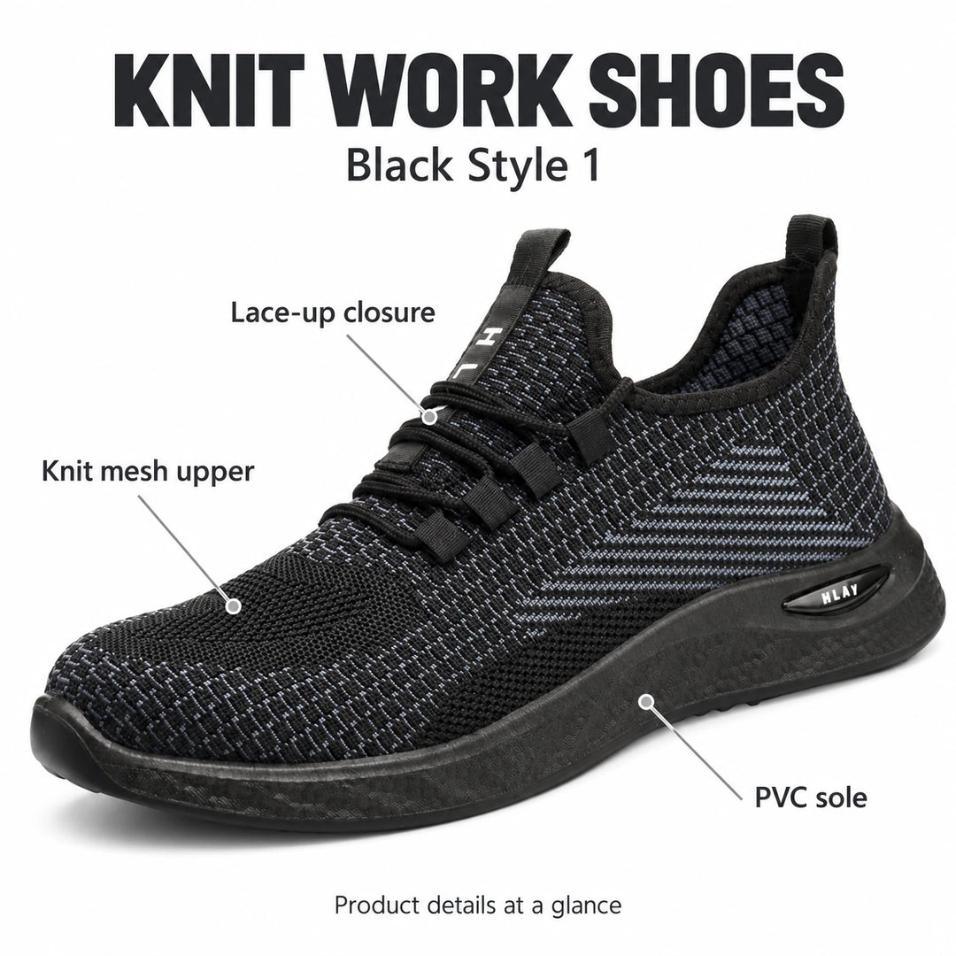 Black Style 1 shoe infographic showing knit mesh upper, lace-up closure and PVC sole.