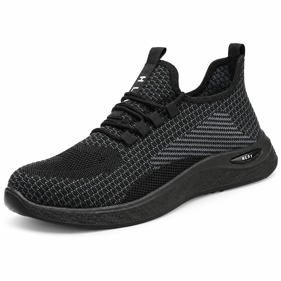 Men's black and charcoal knit work shoe, Black Style 1, shown on a white background.