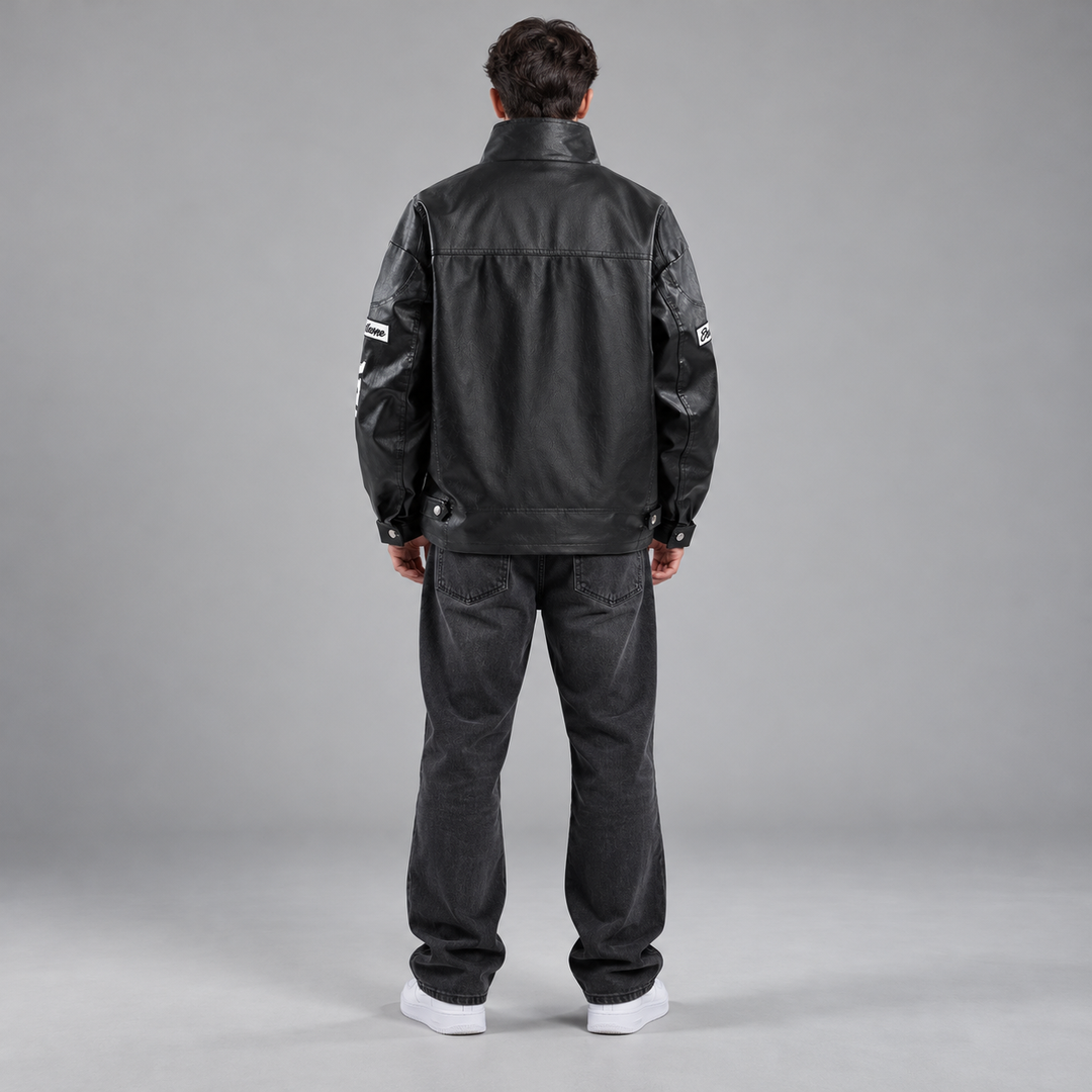 AI-generated back view of a model wearing a black lettered jacket