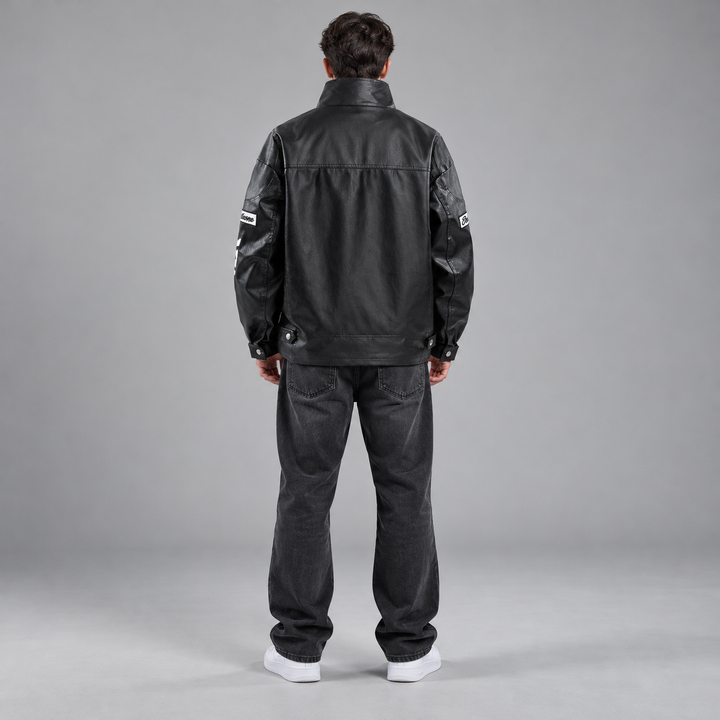 AI-generated back view of a model wearing a black lettered jacket