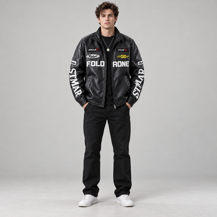 AI-generated front view of a model wearing a black lettered jacket