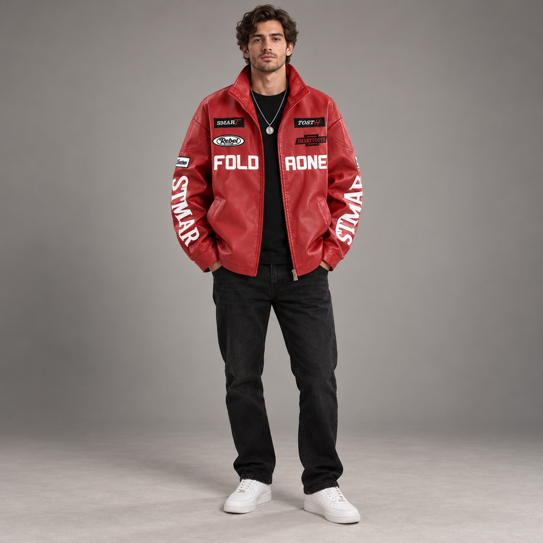 AI-generated front view of a model wearing a red lettered jacket
