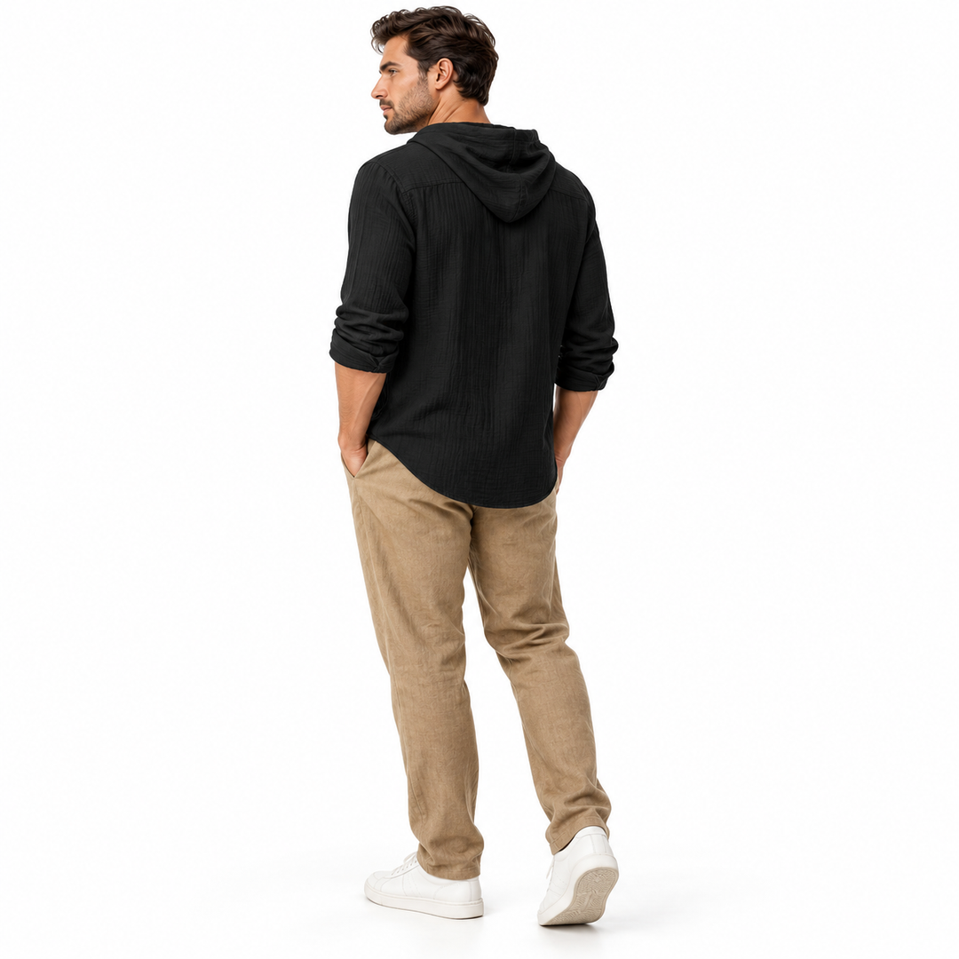 Black hooded long sleeve shirt for men, rear three-quarter studio view