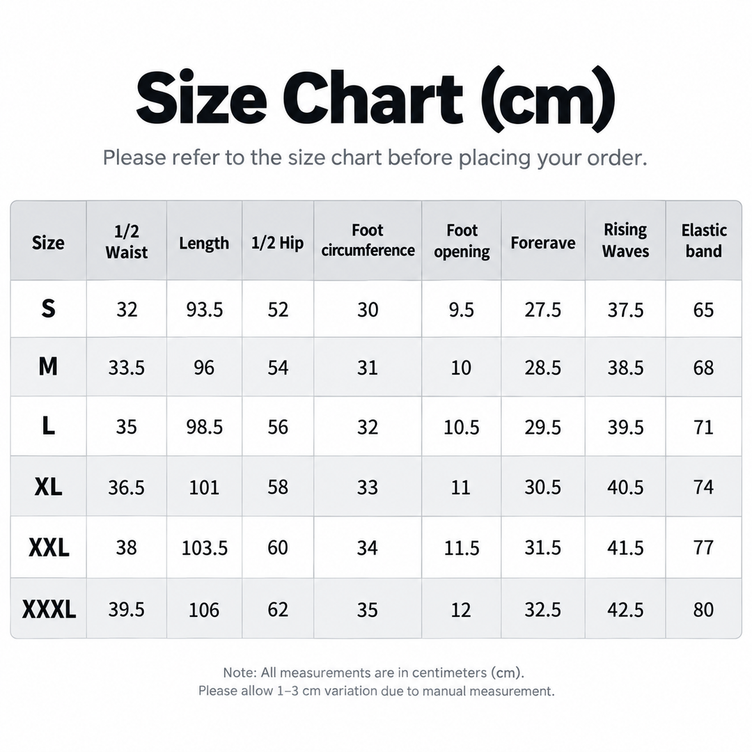Size chart in centimeters for men&