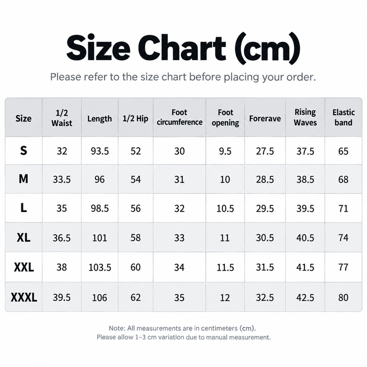 Size chart in centimeters for men&