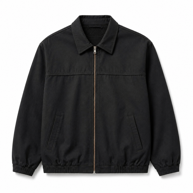 Men's plus-size zip-up jacket in black, shown in front view on white with fold-down collar, welt pockets, and gathered cuffs.