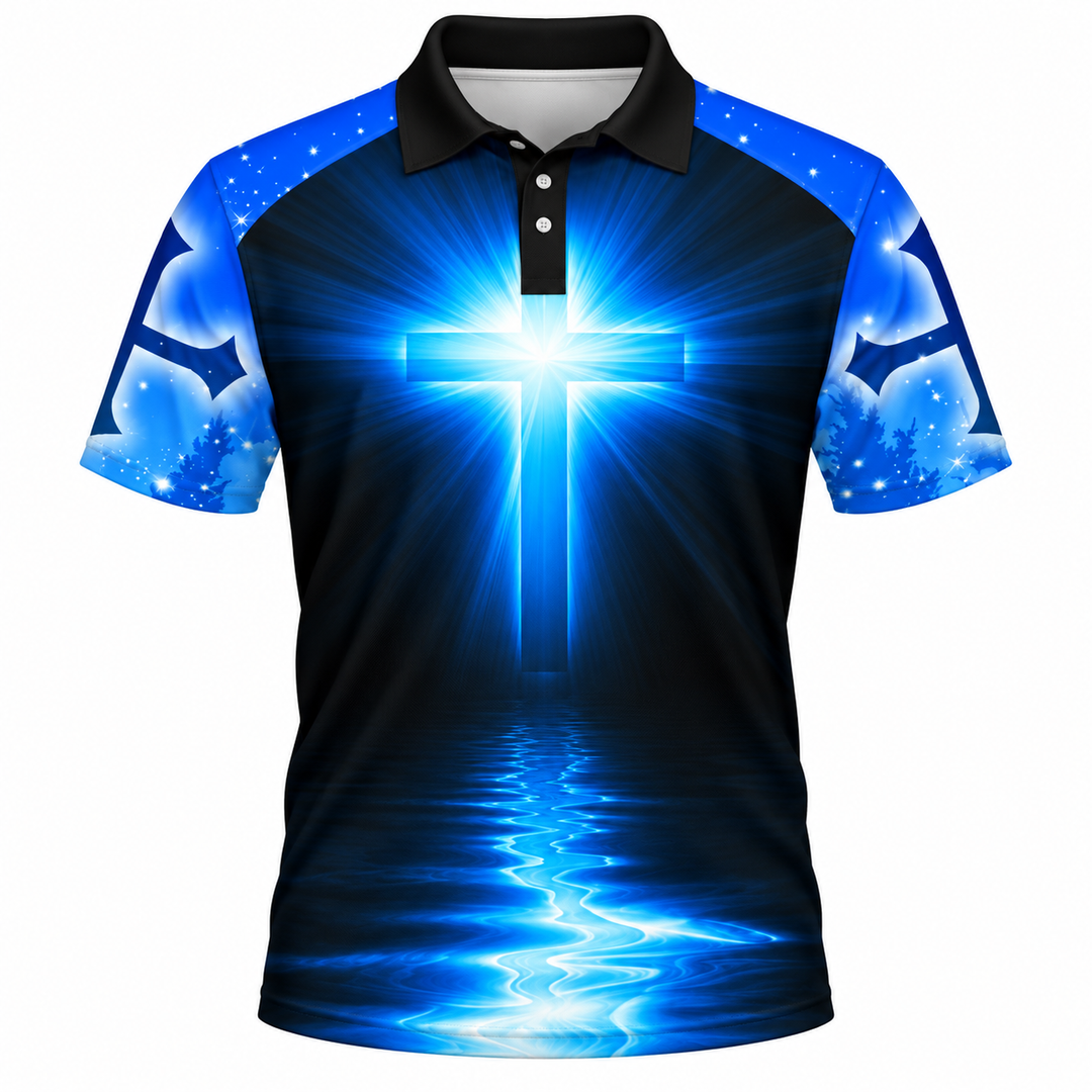 Printed polo shirt with luminous blue cross artwork