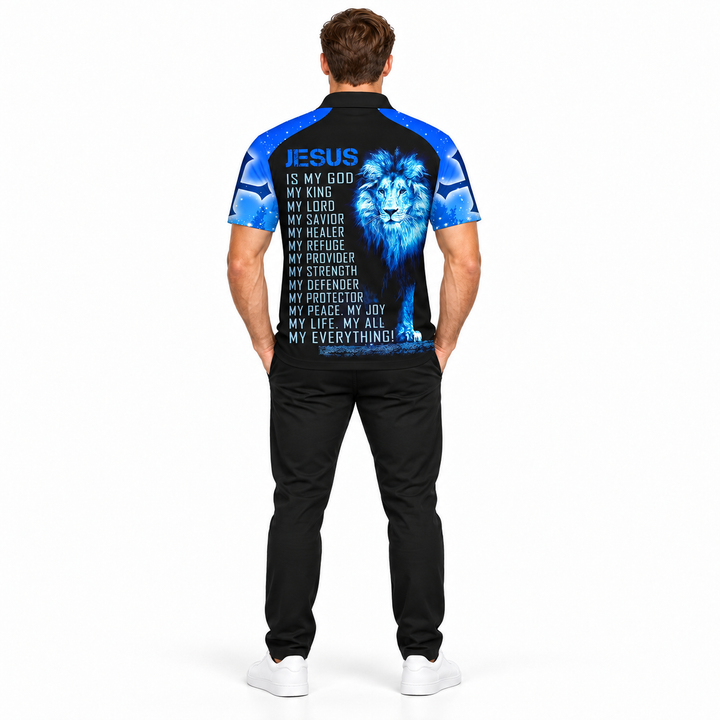 Printed polo shirt with blue cross and lion graphic