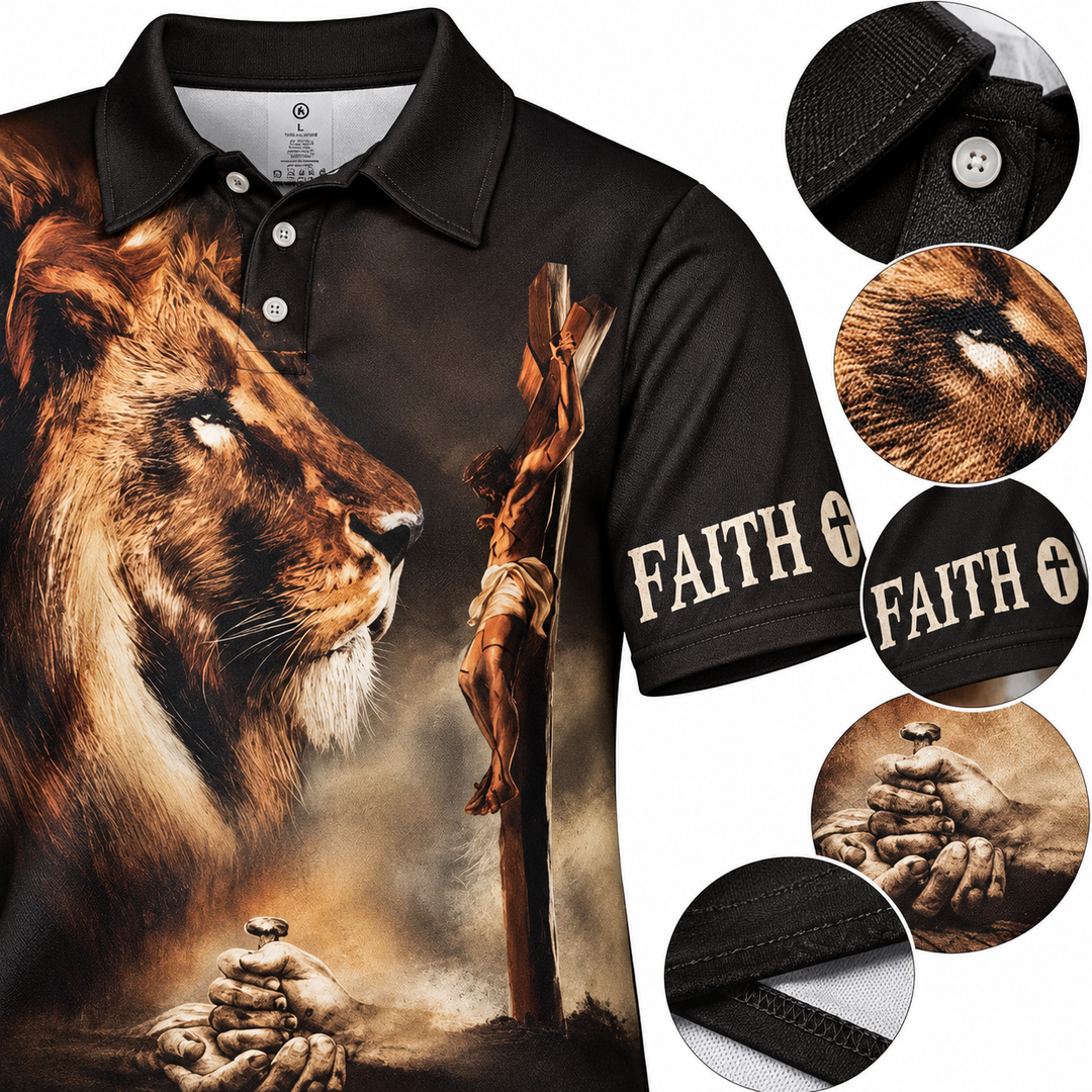Close product view of a printed faith-themed polo shirt