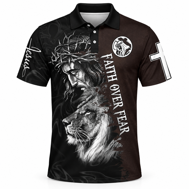 Printed polo shirt product view with Faith Over Fear artwork
