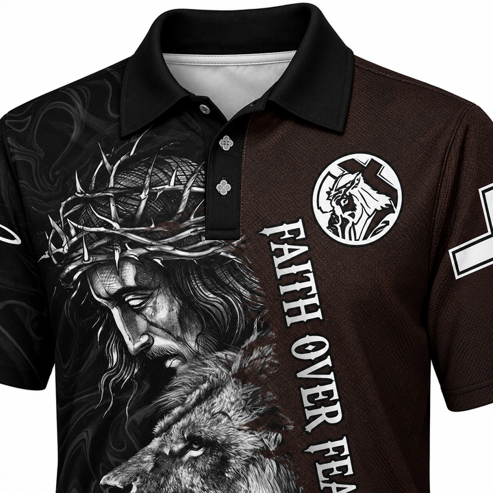 Printed polo shirt with lion and cross faith graphic