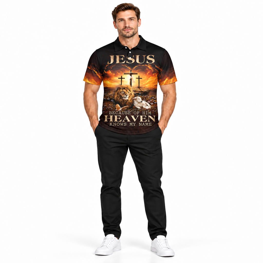 Printed polo shirt with lion, lamb and cross religious artwork