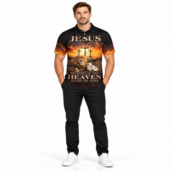 Printed polo shirt with lion, lamb and cross religious artwork