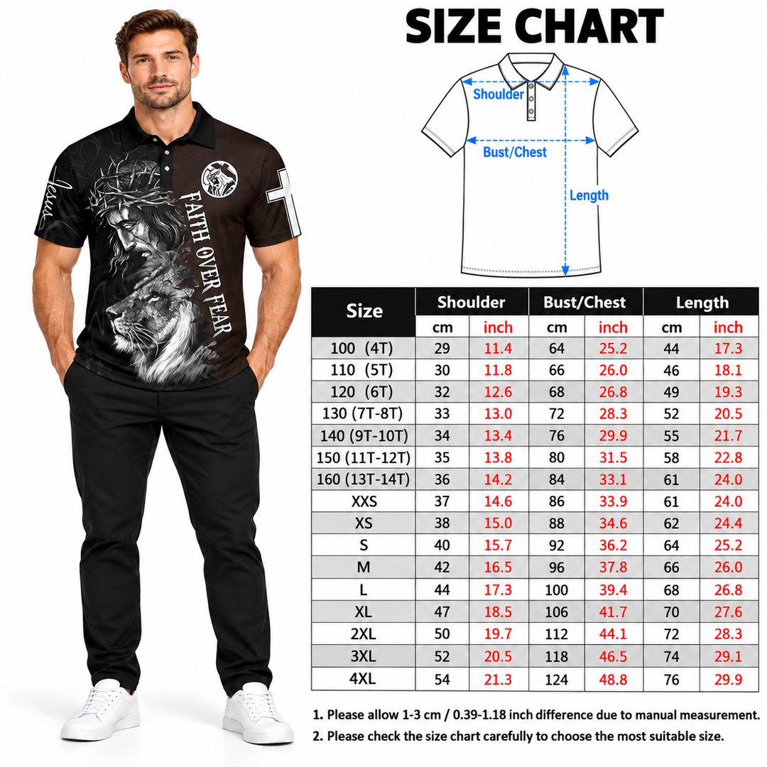 Polo shirt size chart with garment measurement reference