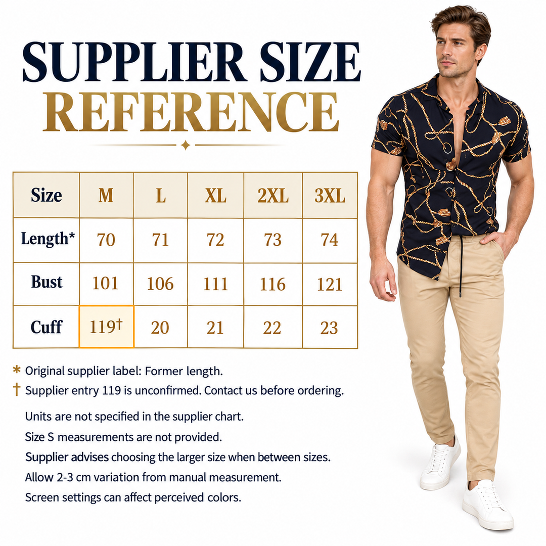 Supplier size reference for M to 3XL beside a man, with length, bust and cuff values and an unconfirmed 119 cuff measurement.
