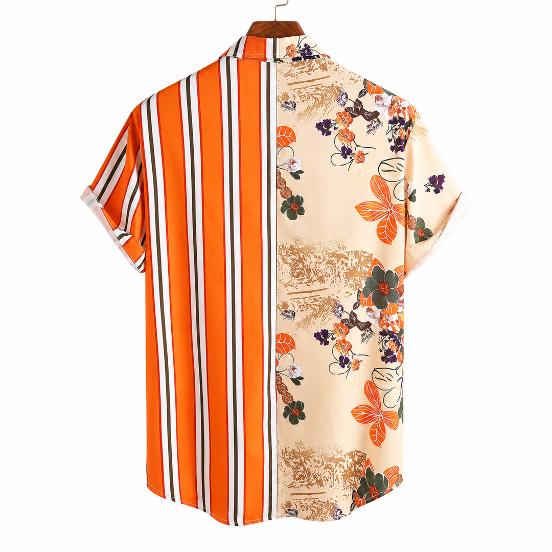 Back view of the orange striped and cream floral short sleeve shirt on wooden hanger, showing the full split design on white.