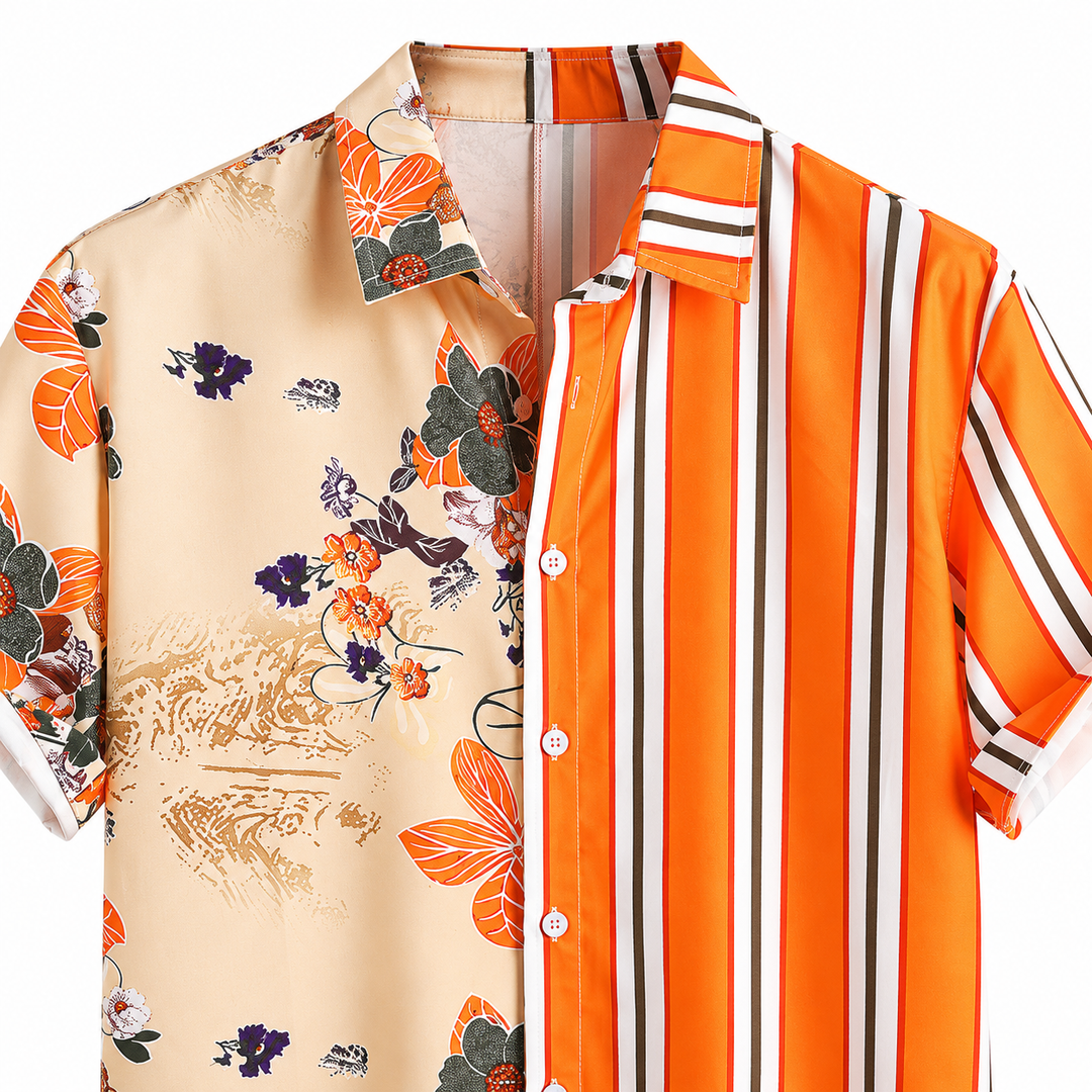 Close-up of the orange striped and cream floral shirt showing the collar, button front and contrasting printed fabric panels.