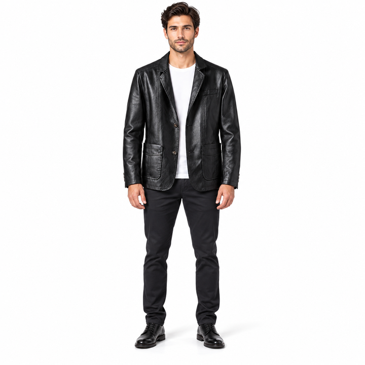 Straight front of a male model wearing the black PU lapel jacket with a white T-shirt, dark trousers and black shoes on white