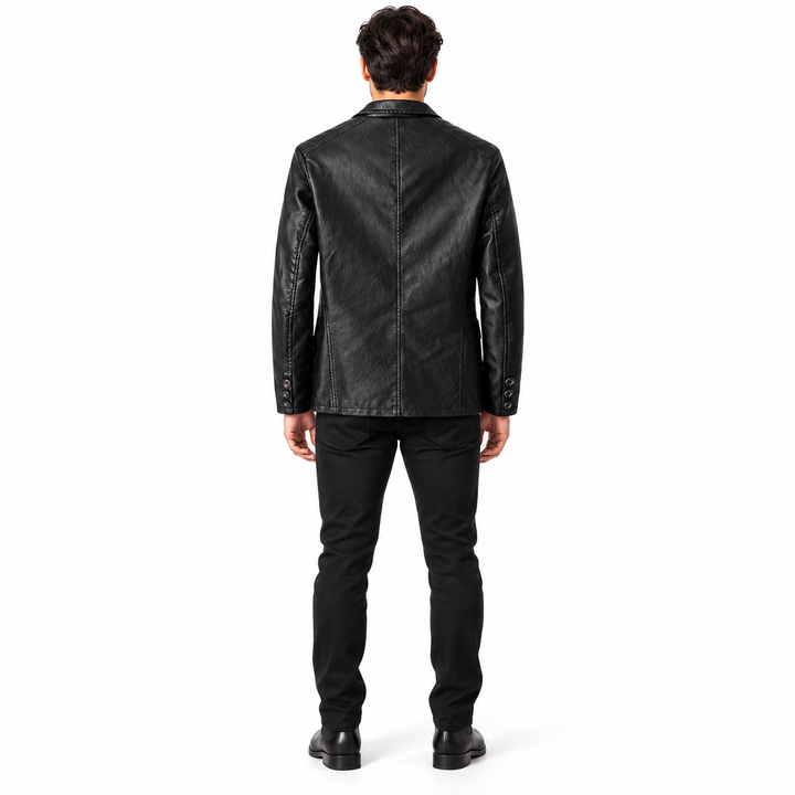 Rear view of a black jacket on a full-length adult male model, showing the center back seam, straight hem and buttoned cuffs.