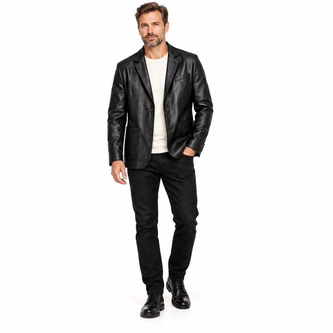 Second adult male model wearing the black lapel jacket with a cream T-shirt and black trousers, shown in full length on white
