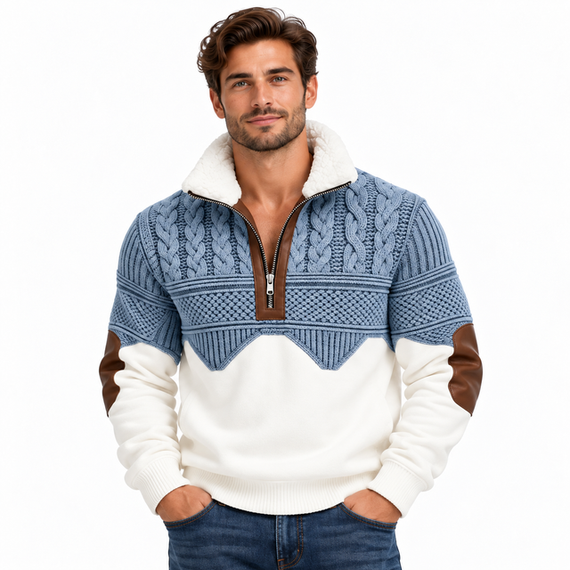 Men's quarter zip sweater with sherpa collar, front upper-body view