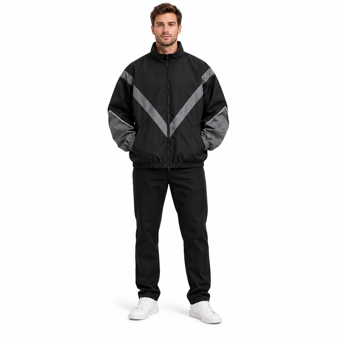 Male model wearing black and gray reflective jacket, style 6618, shown full length from the front on white studio background.