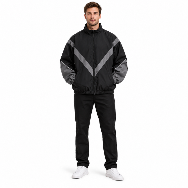 Male model wearing black and gray reflective jacket, style 6618, shown full length from the front on white studio background.