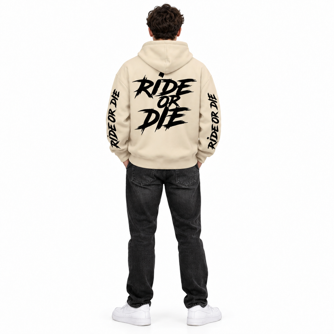 Beige Ride Or Die hoodie on a full-body male model showing the back and sleeve prints
