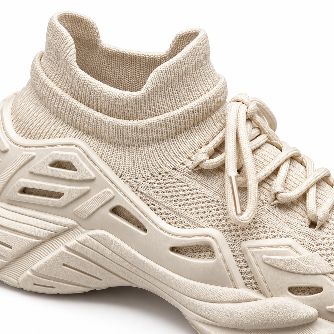 Beige running shoe close-up showing knit collar and lace detail