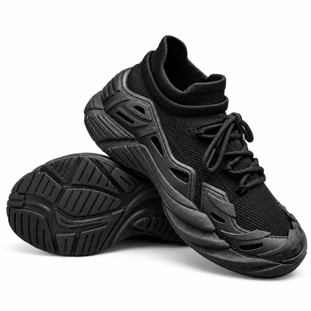 Black running shoes showing upper, laces and outsole detail
