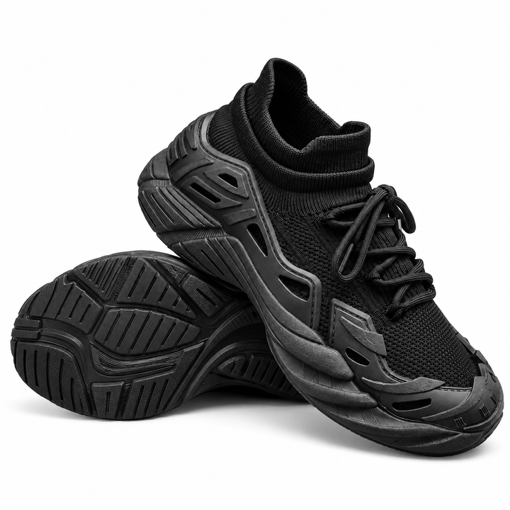 Black running shoes showing upper, laces and outsole detail
