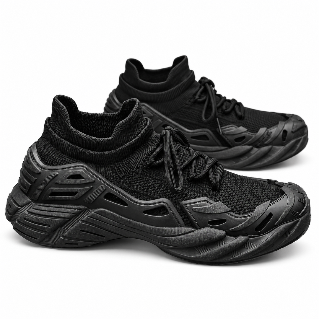 Black fly-knit running shoes shown as a pair on a white background