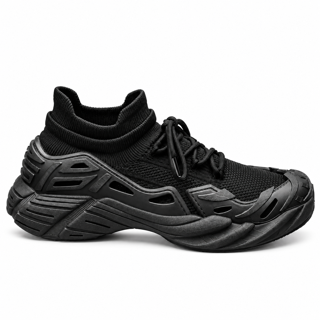 Black running shoe side profile with knit collar and sculpted sole