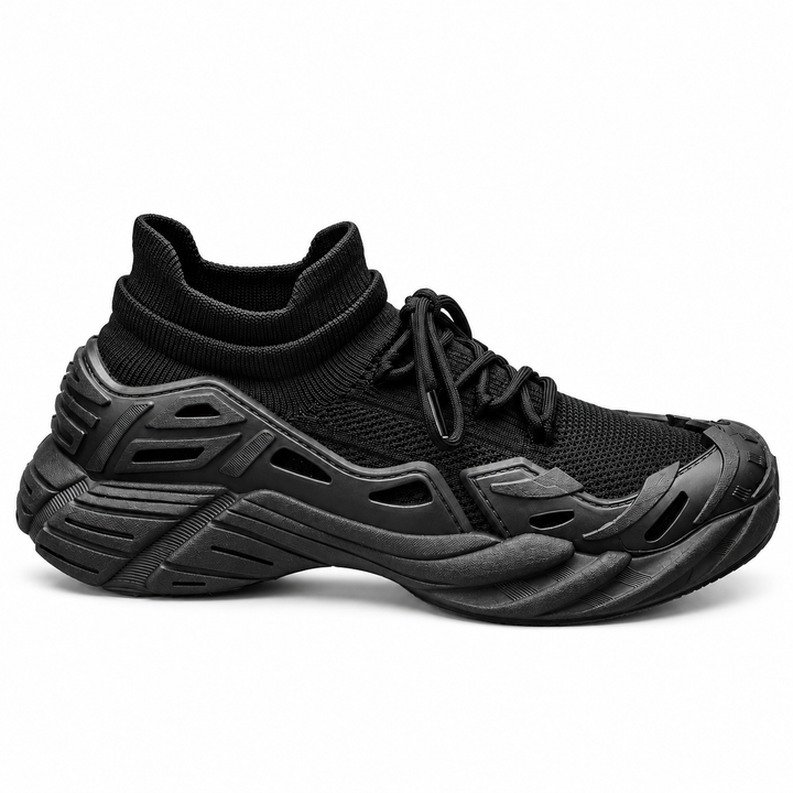 Black running shoe side profile with knit collar and sculpted sole