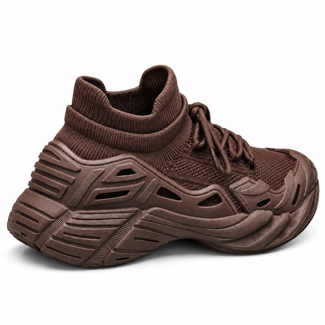 Coffee color running shoe rear and side detail view