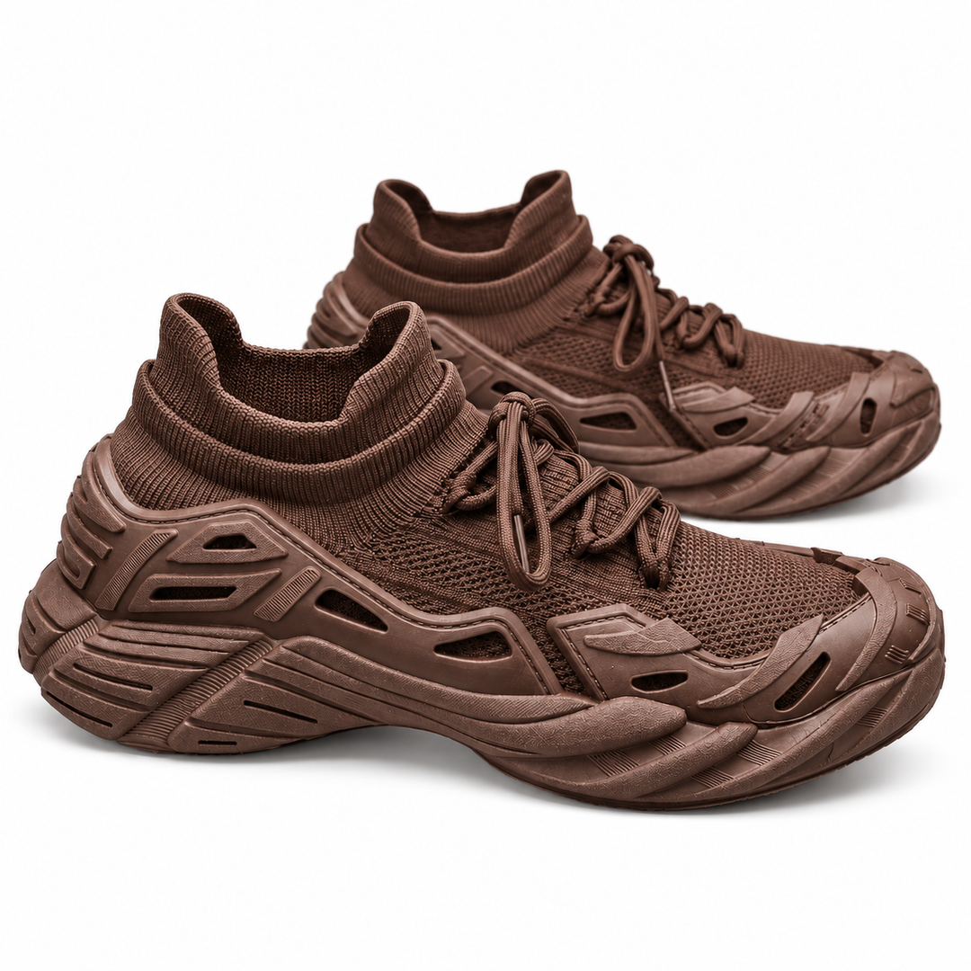 Coffee color running shoes shown as a pair on a white background