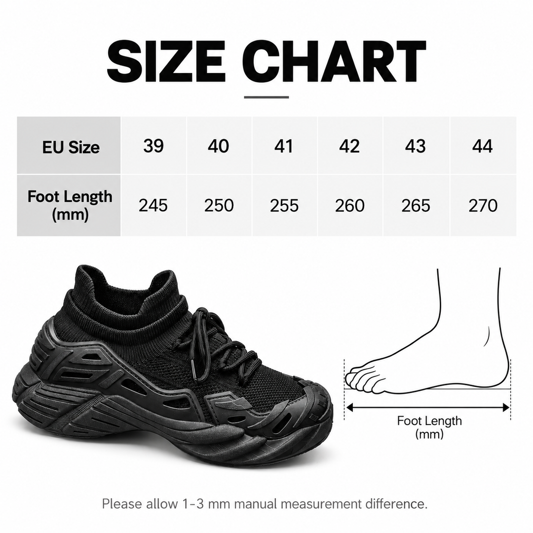 Running shoe size chart for sizes 39 to 44 with foot length in millimeters